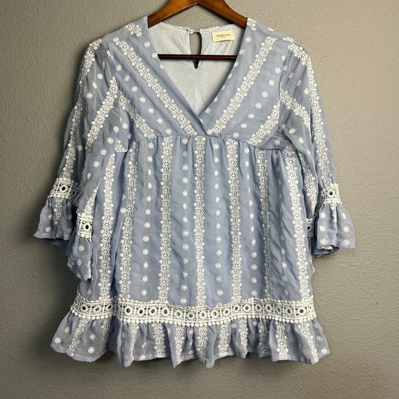 orange creek Tops - Orange Creek LA Embroidered Babydoll Prairie Blouse Cottagecore Blue White Sz Sm